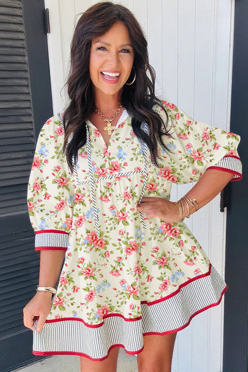 Striped Edge Puff Sleeve Patchwork A Line Floral Dress