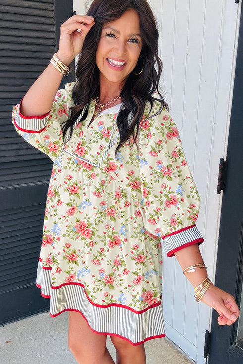 Striped Edge Puff Sleeve Patchwork A Line Floral Dress