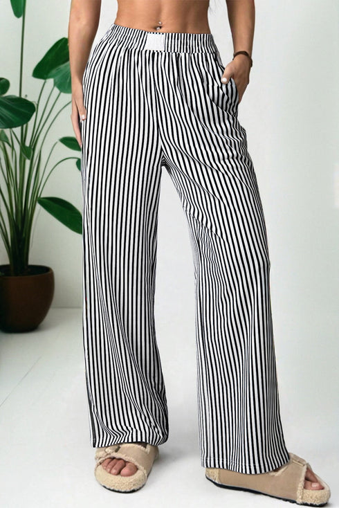 Striped Elastic High Waist Pocketed Wide Leg Pants
