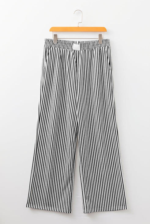 Striped Elastic High Waist Pocketed Wide Leg Pants