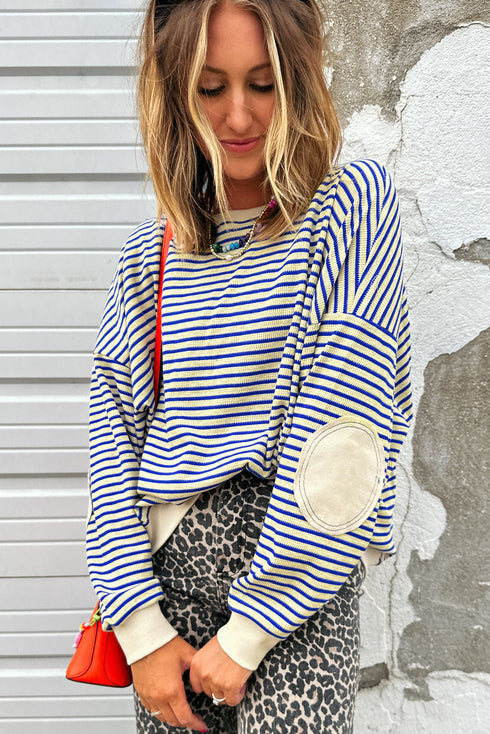 Striped Elbow Patch Drop Shoulder Pullover Sweatshirt