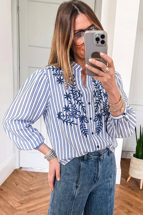 Striped Embroidered Detail Button Front Long Sleeve Casual Shirt