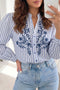 Striped Embroidered Detail Button Front Long Sleeve Casual Shirt