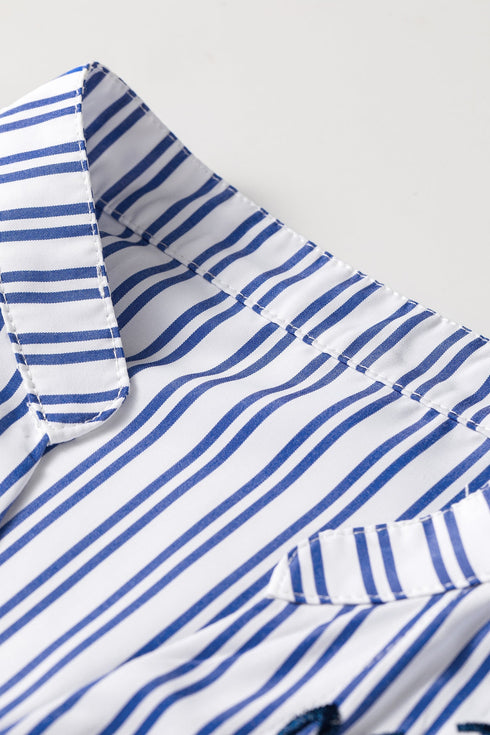 Striped Embroidered Detail Button Front Long Sleeve Casual Shirt