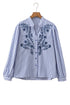 Striped Embroidered Detail Button Front Long Sleeve Casual Shirt