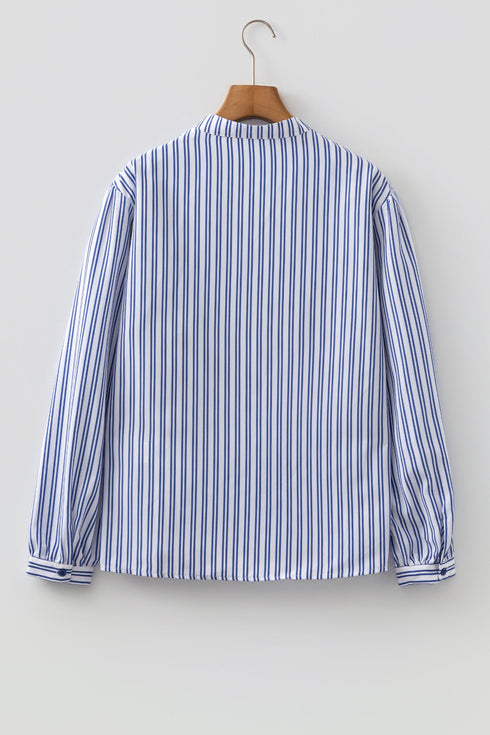 Striped Embroidered Detail Button Front Long Sleeve Casual Shirt