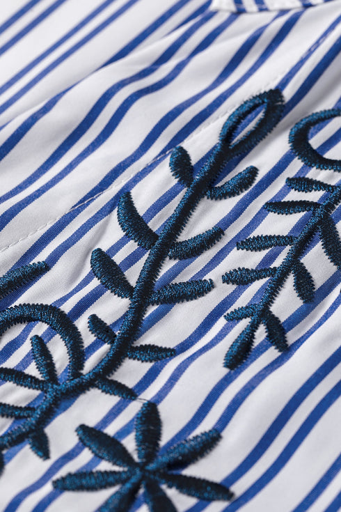 Striped Embroidered Detail Button Front Long Sleeve Casual Shirt