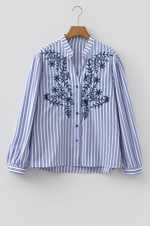 Striped Embroidered Detail Button Front Long Sleeve Casual Shirt