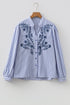 Striped Embroidered Detail Button Front Long Sleeve Casual Shirt