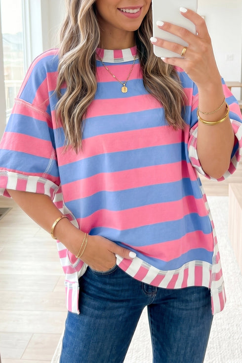 Striped Exposed Seam Border Trim Patchwork Top