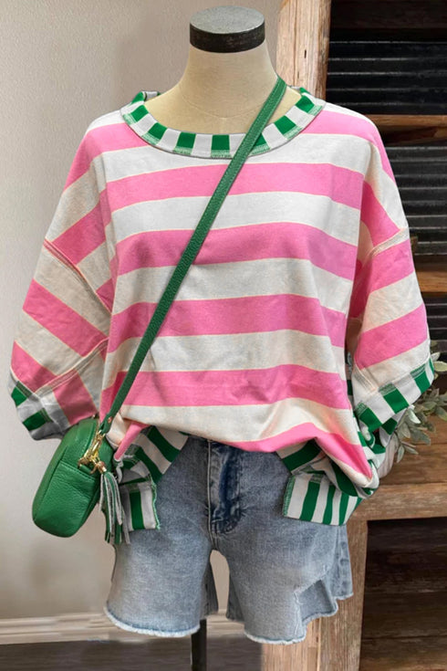 Striped Exposed Seam Border Trim Patchwork Top