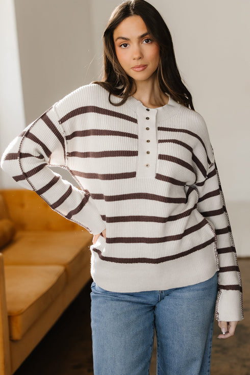 Striped Exposed Seam Button Front Henley Sweater