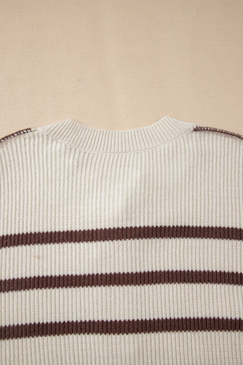 Striped Exposed Seam Button Front Henley Sweater