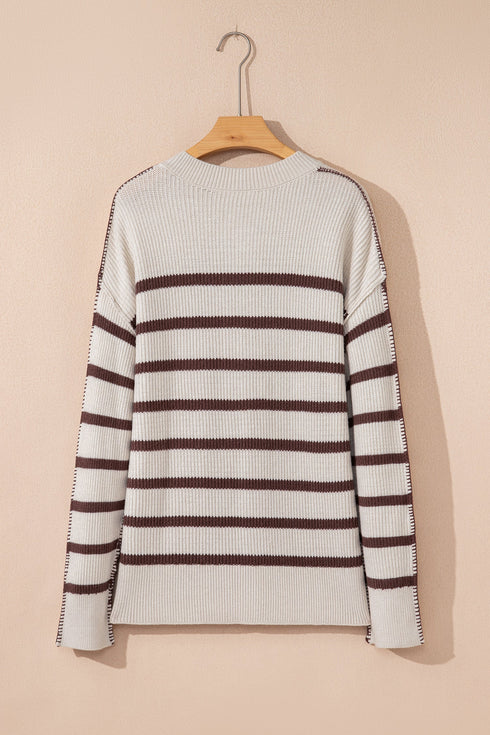 Striped Exposed Seam Button Front Henley Sweater