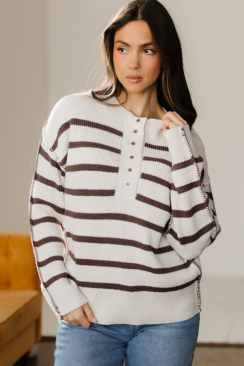 Striped Exposed Seam Button Front Henley Sweater