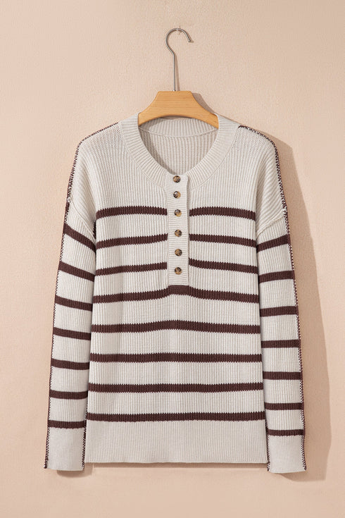 Striped Exposed Seam Button Front Henley Sweater