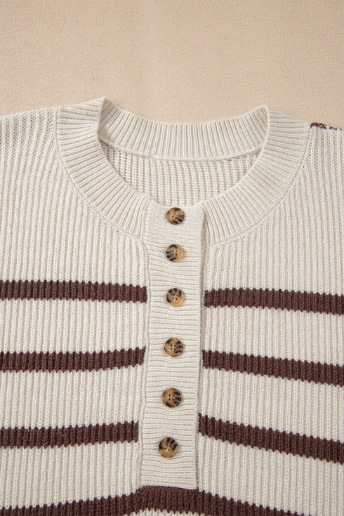Striped Exposed Seam Button Front Henley Sweater