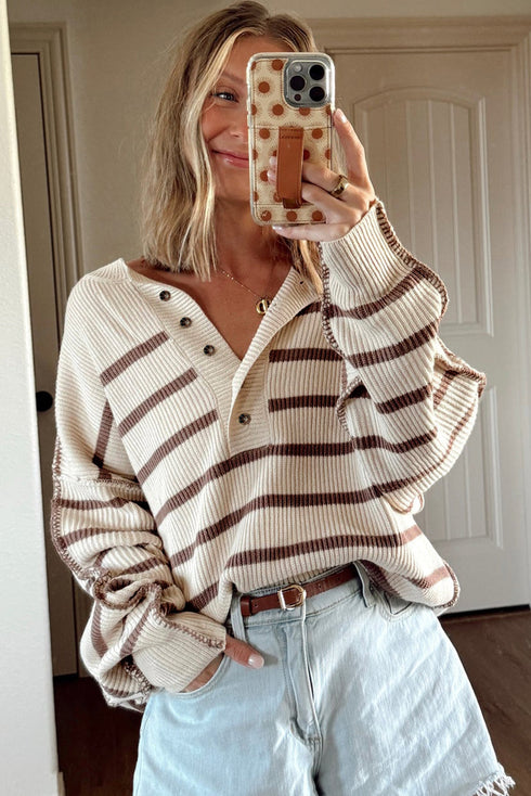 Striped Exposed Seam Button Front Henley Sweater