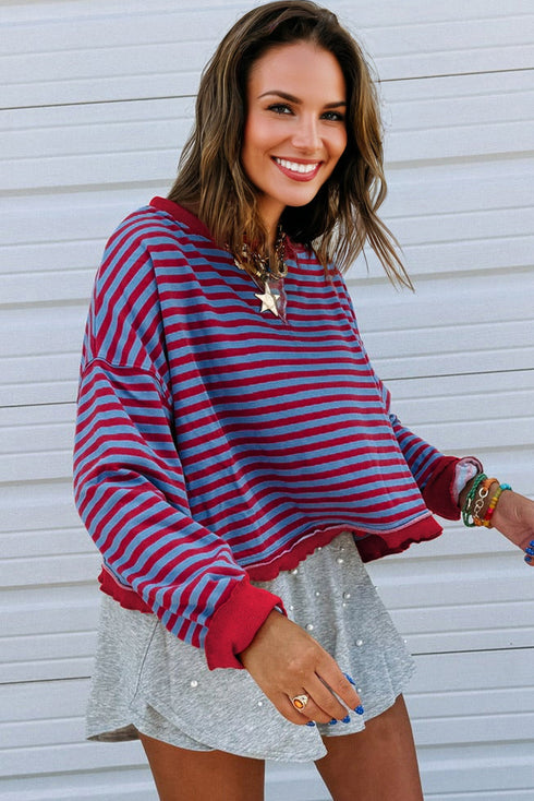 Striped Exposed Seam Contrast Rib Trim Oversize Sweatshirt