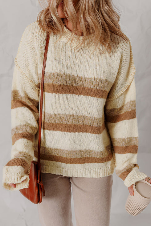 Striped Exposed Seam Contrast Trim Drop Shoulder Sweater