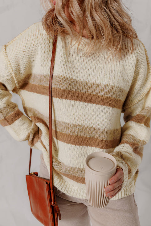 Striped Exposed Seam Contrast Trim Drop Shoulder Sweater