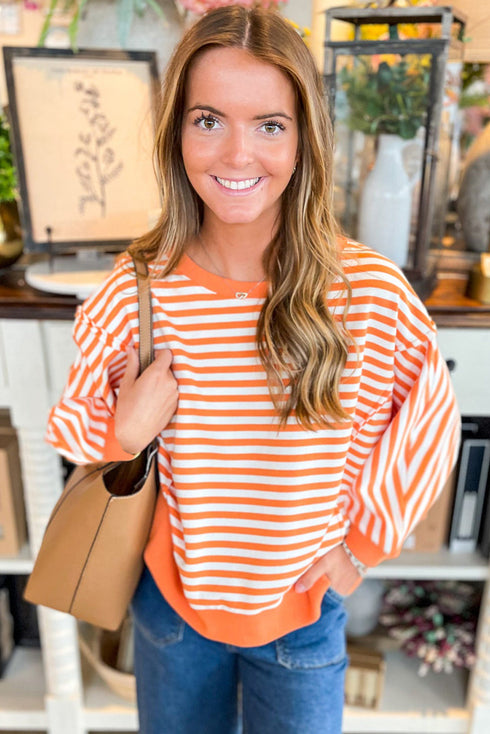 Striped Exposed Seam Drop Shoulder Contrast Rib Top