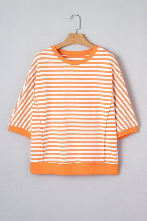 Striped Exposed Seam Patchwork Cotton Blend Pullover Top