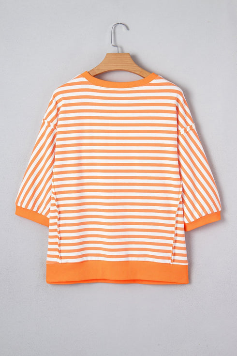 Striped Exposed Seam Patchwork Cotton Blend Pullover Top