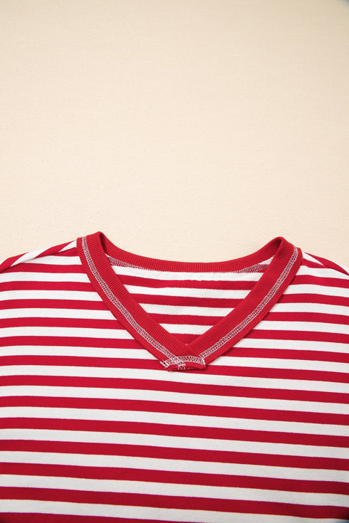 Striped Exposed Seam V Neck Balloon Sleeve Cotton Blend Top