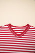 Striped Exposed Seam V Neck Balloon Sleeve Cotton Blend Top
