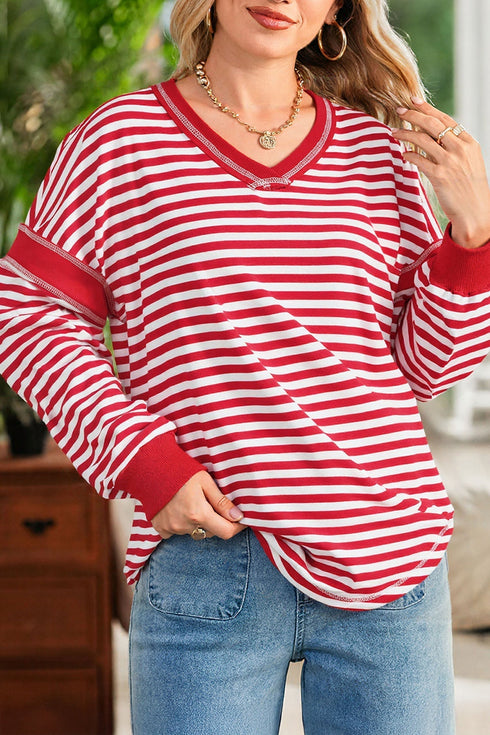 Striped Exposed Seam V Neck Balloon Sleeve Cotton Blend Top