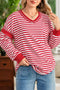 Striped Exposed Seam V Neck Balloon Sleeve Cotton Blend Top