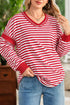 Striped Exposed Seam V Neck Balloon Sleeve Cotton Blend Top