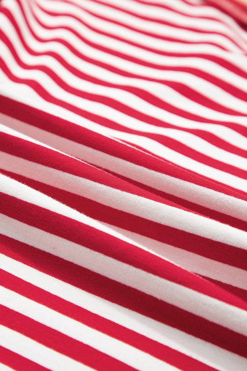 Striped Exposed Seam V Neck Balloon Sleeve Cotton Blend Top