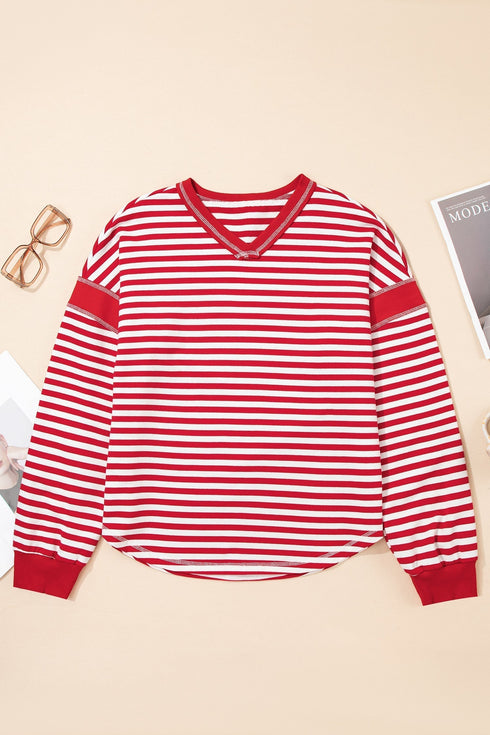 Striped Exposed Seam V Neck Balloon Sleeve Cotton Blend Top