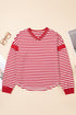 Striped Exposed Seam V Neck Balloon Sleeve Cotton Blend Top