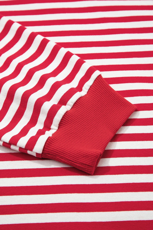 Striped Exposed Seam V Neck Balloon Sleeve Cotton Blend Top