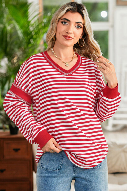 Striped Exposed Seam V Neck Balloon Sleeve Cotton Blend Top