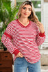 Striped Exposed Seam V Neck Balloon Sleeve Cotton Blend Top
