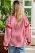 Striped Exposed Seam V Neck Balloon Sleeve Cotton Blend Top