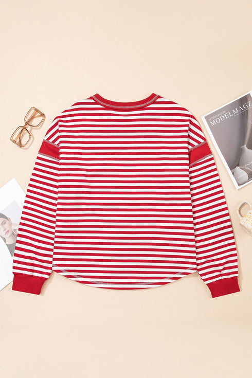 Striped Exposed Seam V Neck Balloon Sleeve Cotton Blend Top