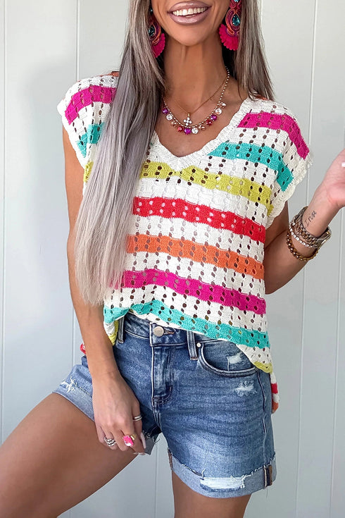 Striped Eyelet Crochet Knit V Neck Short Sleeve Sweater