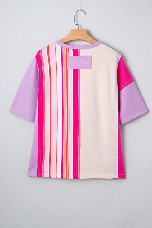 Striped Floral Applique Mixed Print Half Sleeve Top