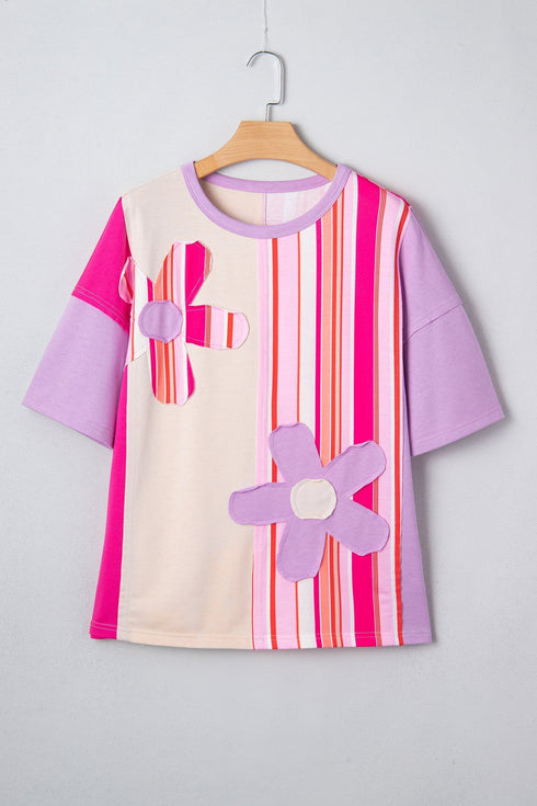 Striped Floral Applique Mixed Print Half Sleeve Top