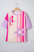 Striped Floral Applique Mixed Print Half Sleeve Top