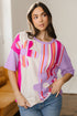 Striped Floral Applique Mixed Print Half Sleeve Top