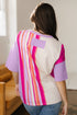 Striped Floral Applique Mixed Print Half Sleeve Top