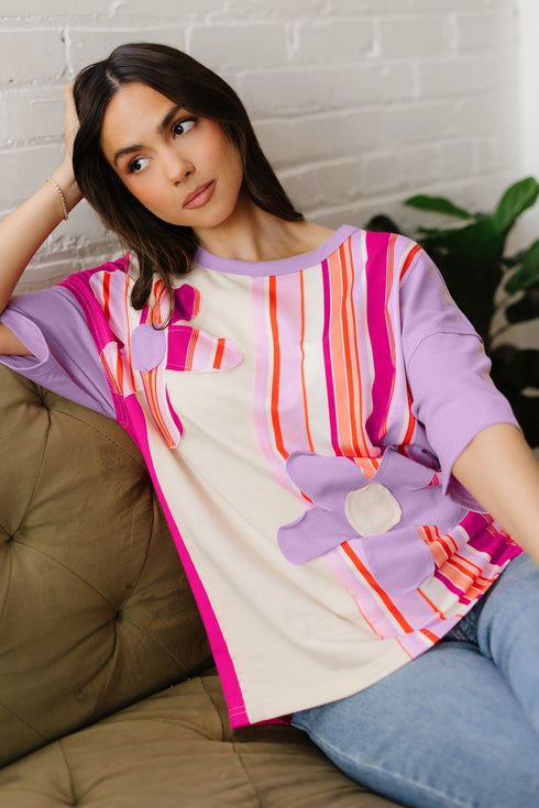 Striped Floral Applique Mixed Print Half Sleeve Top
