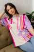 Striped Floral Applique Mixed Print Half Sleeve Top