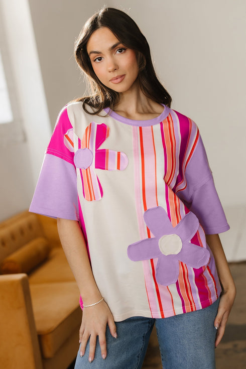 Striped Floral Applique Mixed Print Half Sleeve Top